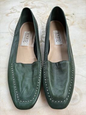 Enzo Angiolini Dark Green Leather Studded Loafers Sz 8 1/2 N